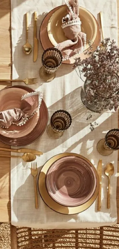 Elegant rustic table setting with earthy tones and artistic arrangement.