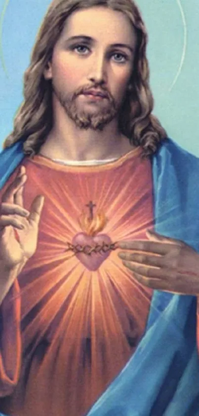 Sacred Heart mobile wallpaper with blue tones and spiritual imagery.