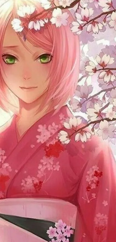 Anime character in pink kimono with sakura blossoms.