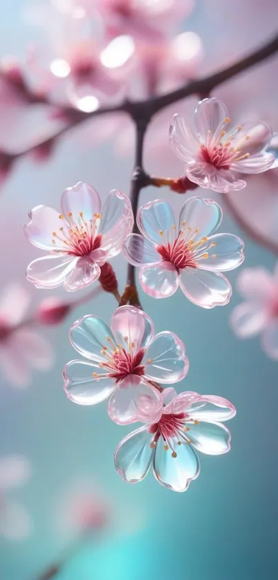 Delicate sakura blossoms on a branch with a pastel pink and blue background.