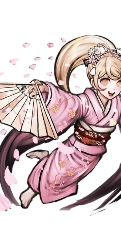 Anime character in pink kimono with sakura petals.