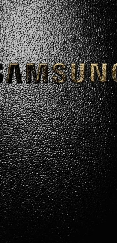 Samsung logo on black leather texture background.