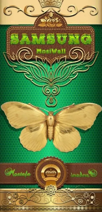 Samsung wallpaper with golden butterfly on green background.