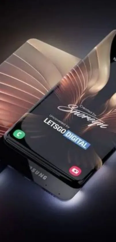 Samsung smartphone with elegant, futuristic design and digital display wallpaper.