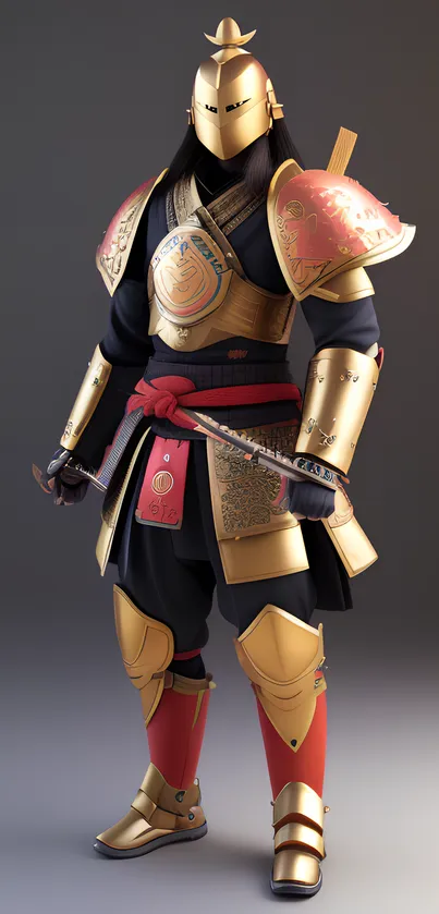 Regal samurai in gold armor with intricate details and red accents.