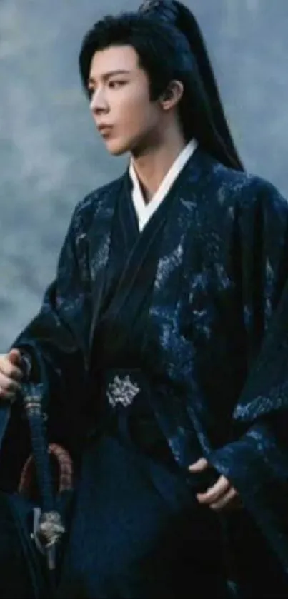 Samurai in blue robe, holding a sword, exuding elegance.