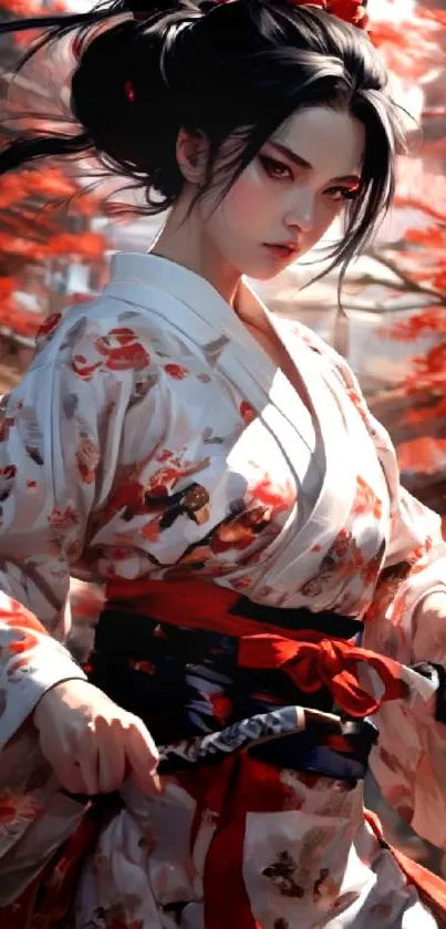 Anime samurai warrior amidst red autumn leaves.