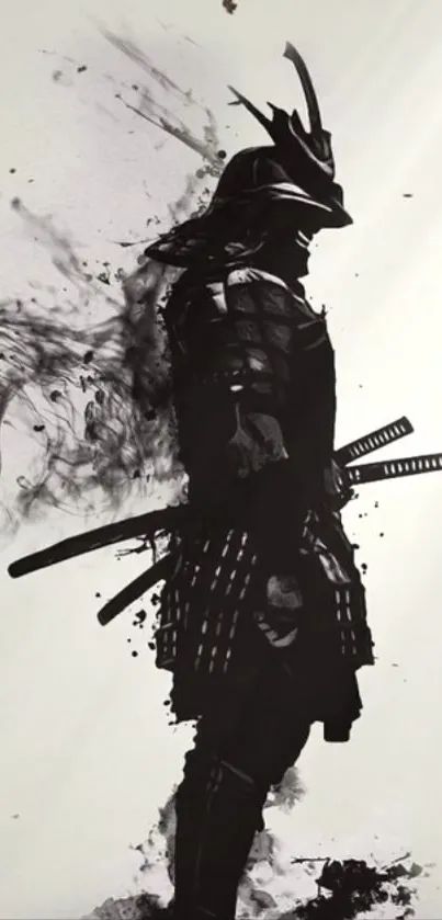 Samurai silhouette art on light background.