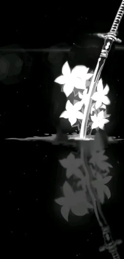 Black and white samurai sword and flowers reflected elegantly in water.