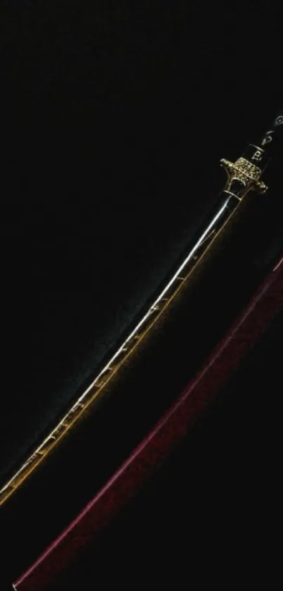 Close-up view of an elegant katana sword on a dark background.