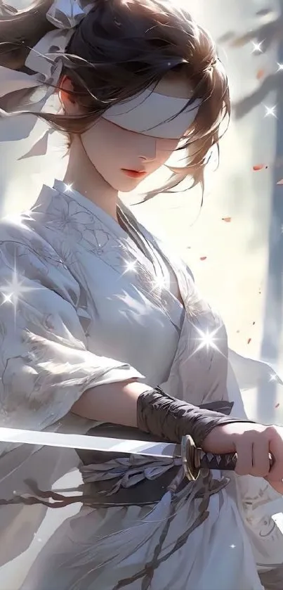 Elegant samurai woman in white robes with a sword in a serene setting.