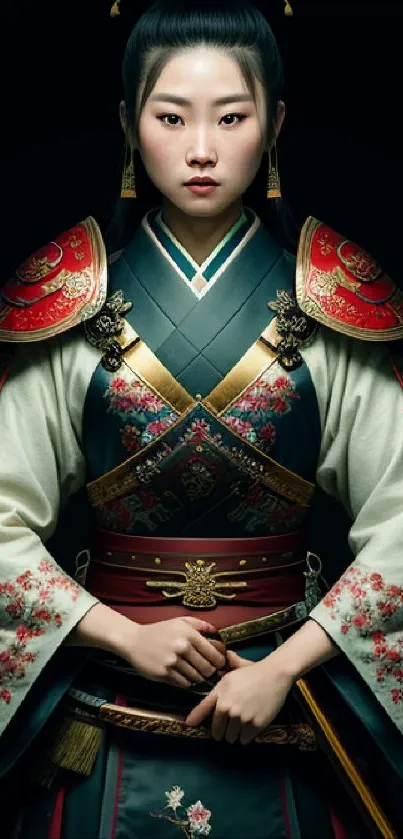 Elegant female samurai in traditional attire with detailed armor and floral patterns.