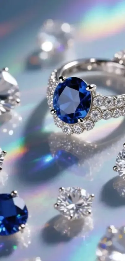 Elegant sapphire ring and diamonds on a reflective surface.