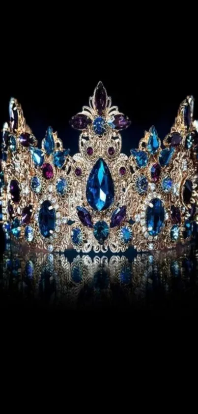 Sapphire and gold decorative crown with jewels on a dark background.