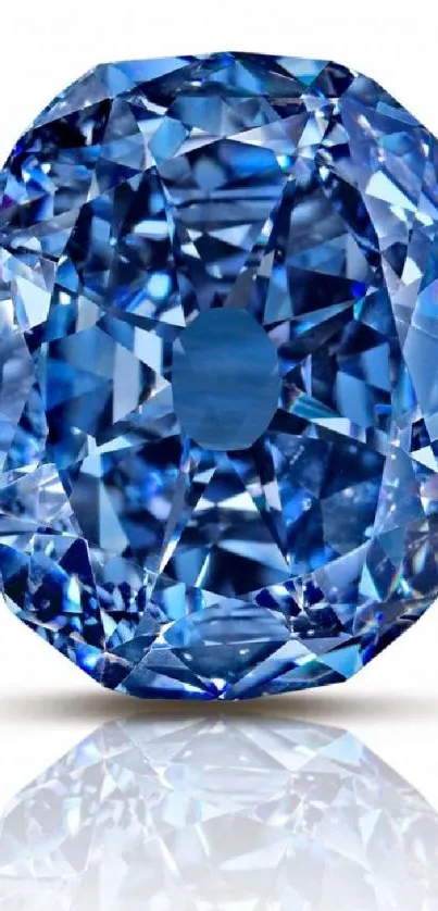 Blue diamond with sparkling facets on a white background.