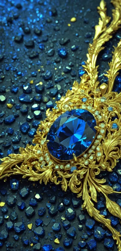 Intricate blue sapphire and gold design wallpaper