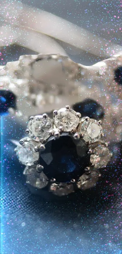 Close-up of elegant sapphire jewelry with sparkling gemstones.