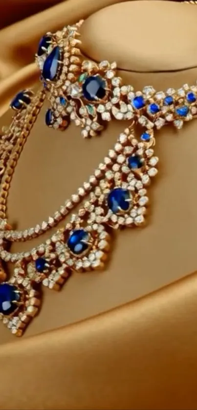 Sapphire necklace on a luxurious gold backdrop.