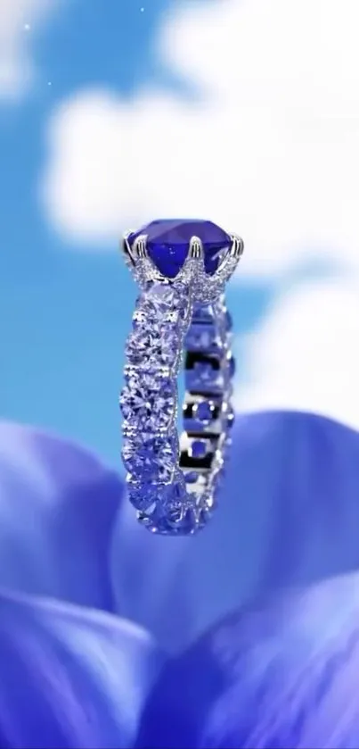 Sapphire ring against a blue sky backdrop.