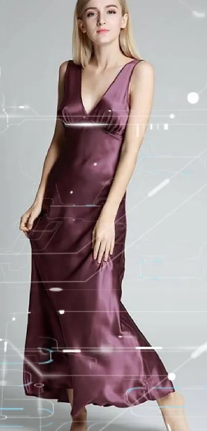 Model in a luxurious purple satin gown with a light gray background.