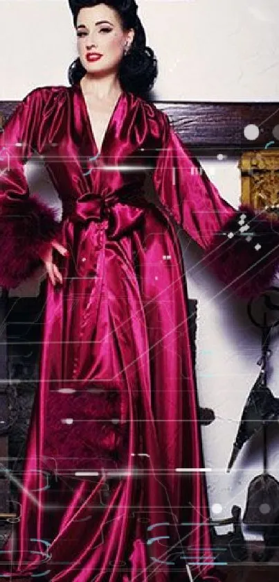 Vintage-inspired mobile wallpaper with red and silver satin robes.