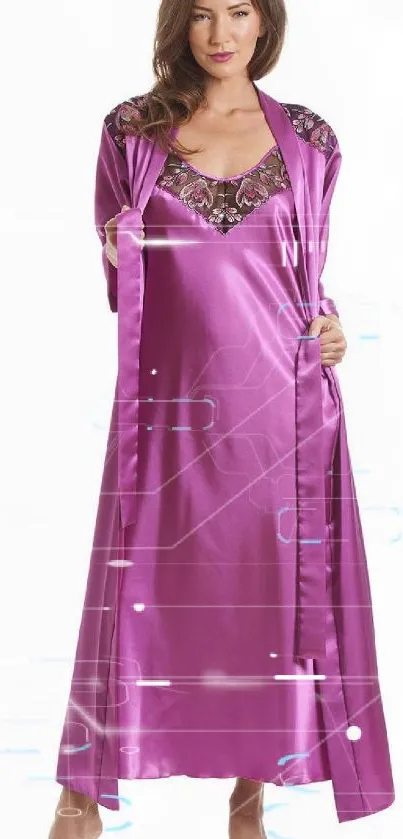 Elegant magenta satin gown with embroidery details.