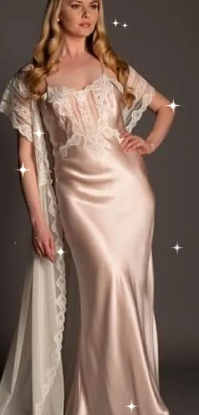 Elegant satin gown with lace accents and sparkles on mobile wallpaper.