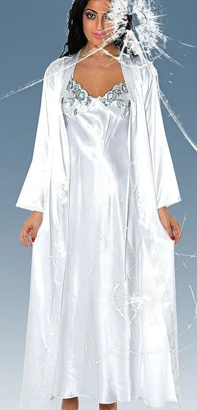 Woman in elegant white satin nightwear on a gradient background.