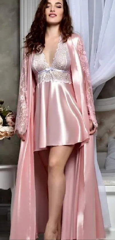 Woman in satin nightwear standing elegantly in a luxurious bedroom setting.