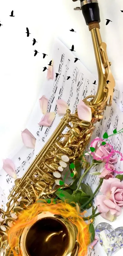 Saxophone surrounded by pink roses and musical notes on a smartphone wallpaper.