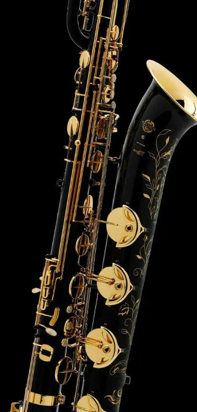 Stylish saxophone with gold detailing on a black background.