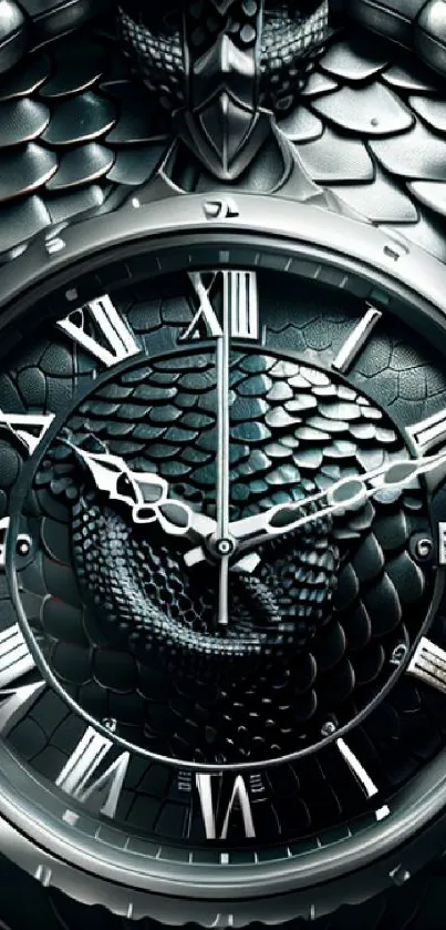 Dark, elegant clock with snake-like scales and Roman numerals.