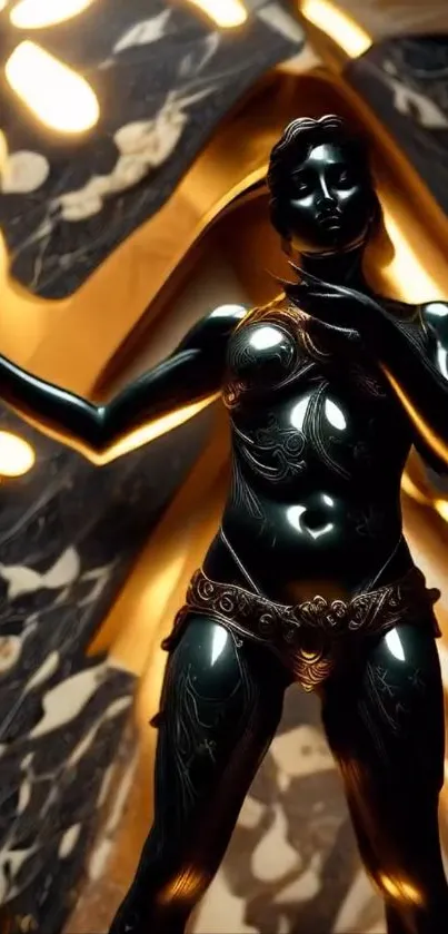 Metallic humanoid sculpture with golden elements.