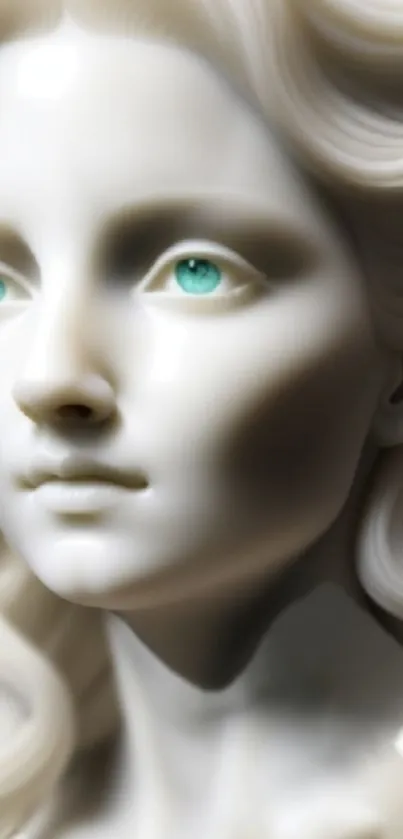 Ivory marble sculpture with green eyes, elegant and smooth texture.