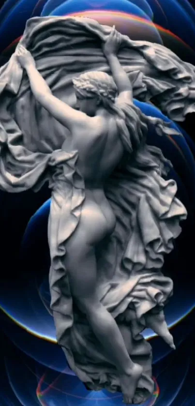 Elegant sculpture draped against a cosmic dark blue background.