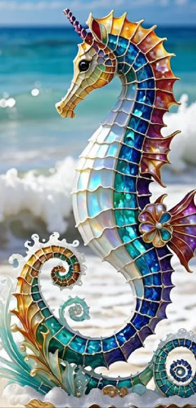 Colorful mosaic seahorse by ocean waves on a beach.