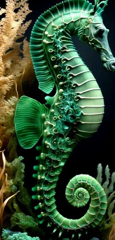 Artistic seahorse with ocean flora on black background.