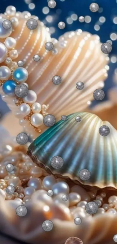 Close-up of elegant seashells and pearls in a luxurious mobile wallpaper design.