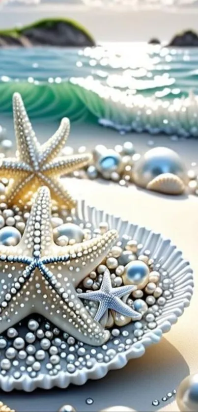 Elegant starfish and seashell wallpaper by the ocean.