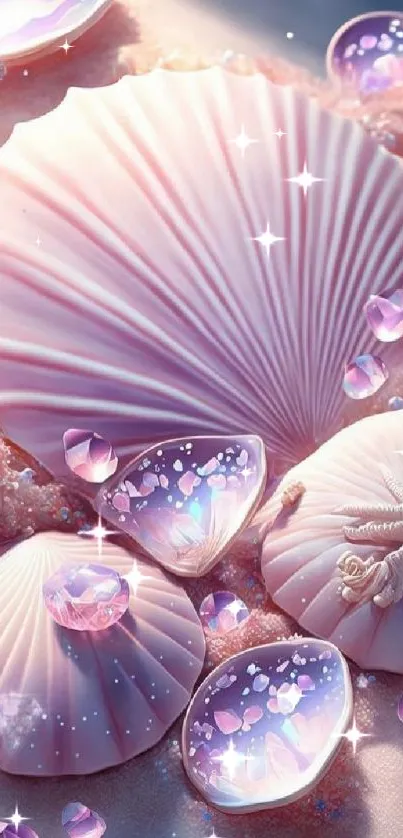 Pink seashell fantasy art with gems and ocean theme.