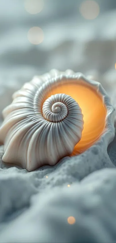 Glow emanates from a seashell on a sandy surface.