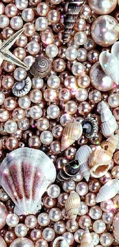 Elegant mobile wallpaper with seashells and pearls in rose gold tones.