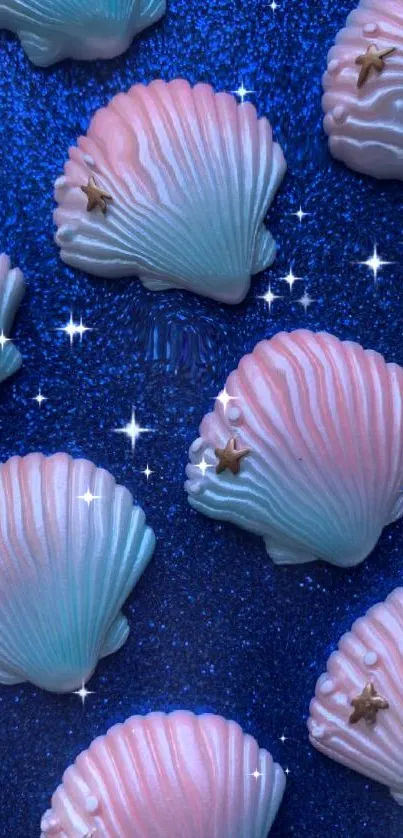 Elegant seashells with starfish on a royal blue background wallpaper.