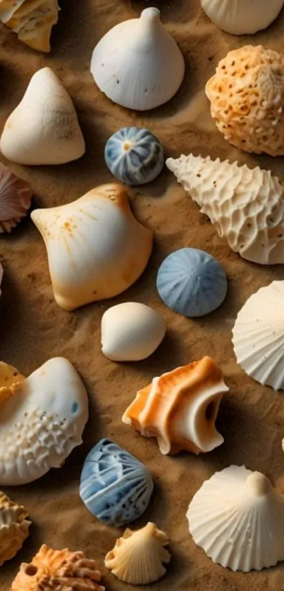 Seashells scattered on sandy beach creating a natural pattern.