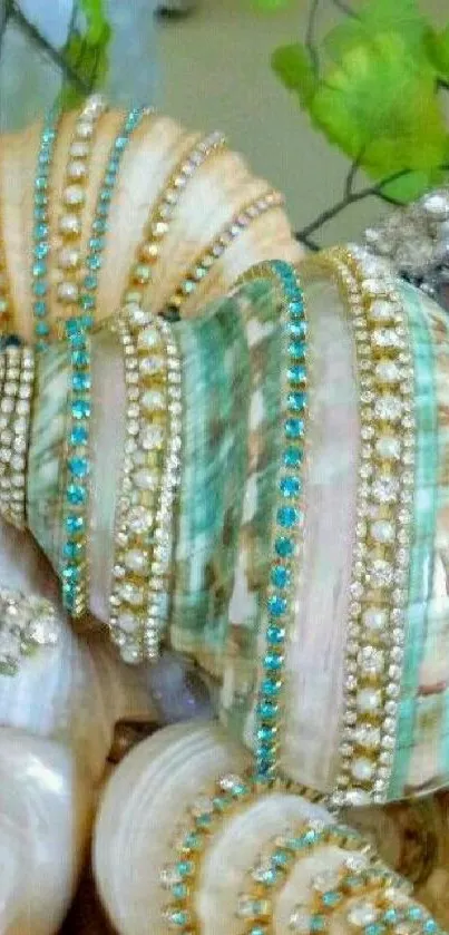 Elegant wallpaper of jeweled seashells with turquoise and pearl accents.