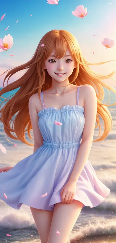 Anime girl at the beach with cherry blossoms floating around.