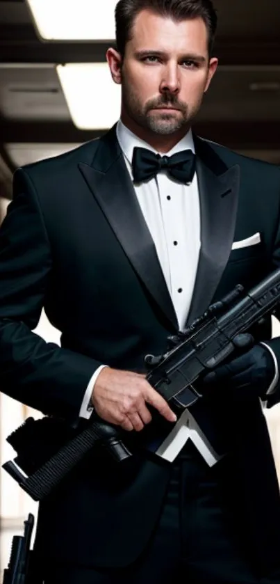 Man in a black suit holding a rifle, standing in a sophisticated pose.