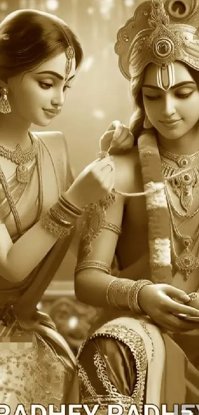 Sepia-toned Radha Krishna art depicting divine love.