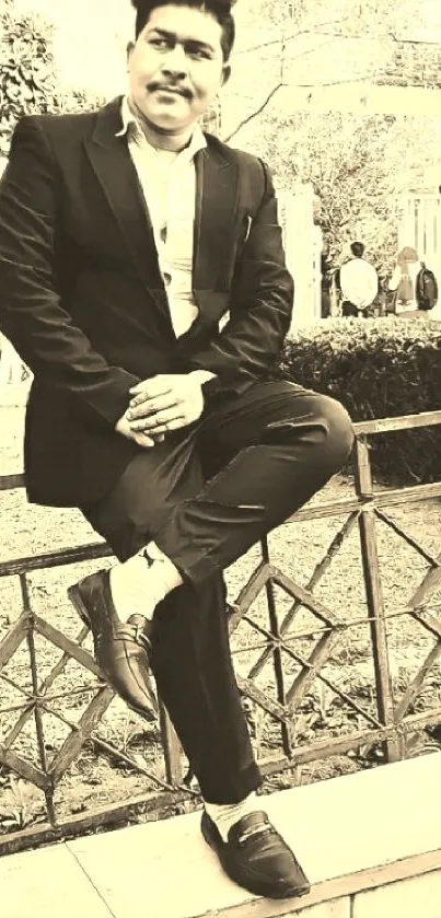 Man in elegant suit posing outdoors in sepia tone.