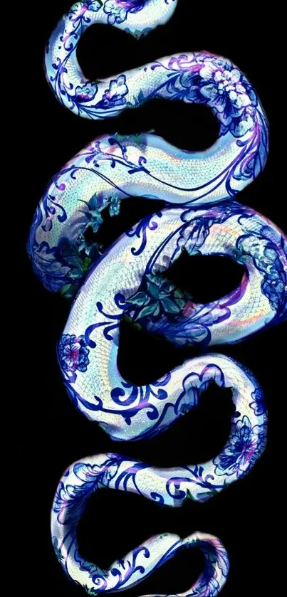 Floral-designed snake on dark background wallpaper.